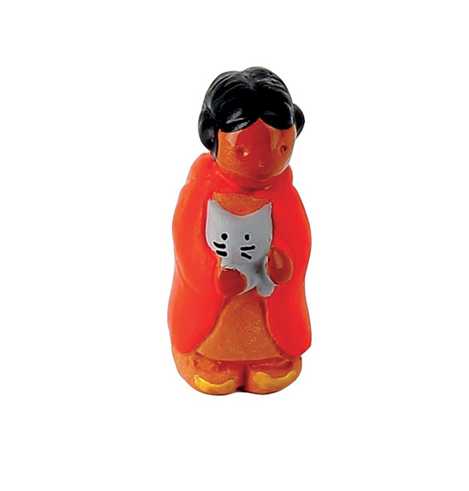 CRECHE B2 N°06 - La petite fille au chat - Santons en terre cuite (6cm) | JOUARRE (Abbaye Notre-Dame de)