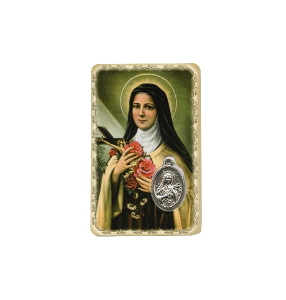 Carte plastifiée avec prière et médaille Sainte Thérèse