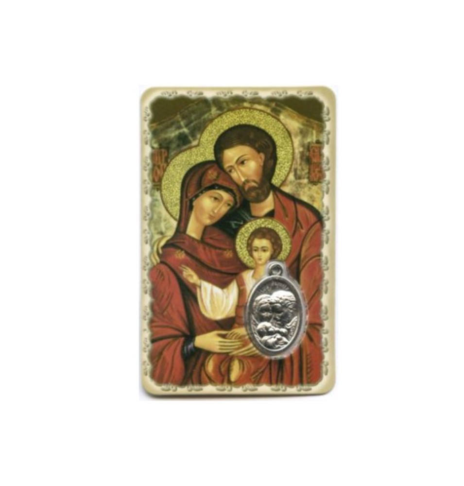 Carte plastifiée avec prière et médaille Sainte Famille