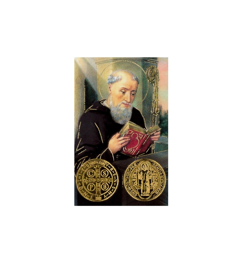 Carte plastifiée avec prière et poinçon Saint Benoit