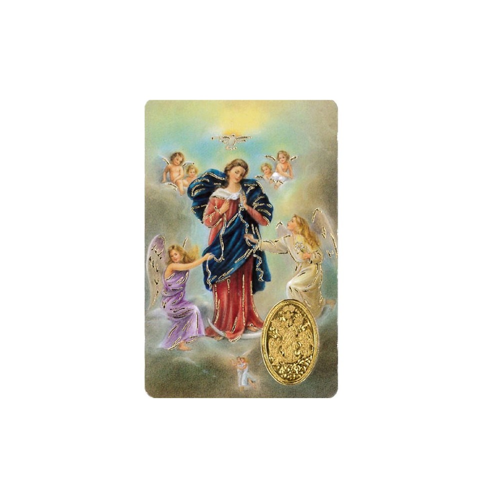 Carte plastifiée avec prière et poinçon Marie qui défait les noeuds