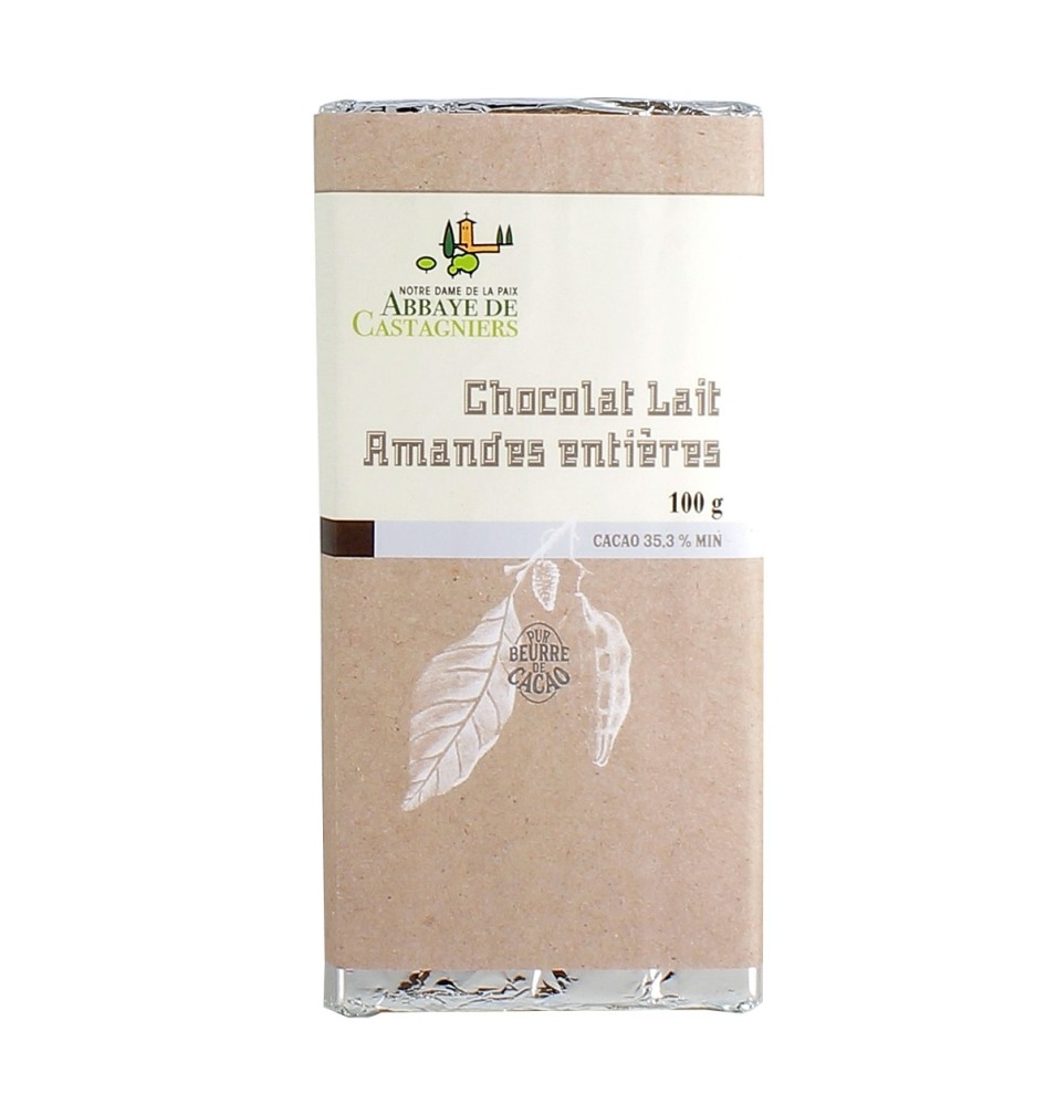 Tablette de chocolat au lait et amandes entières - 100 g | CASTAGNIERS (Abbaye Notre-Dame-de-la-Paix de)