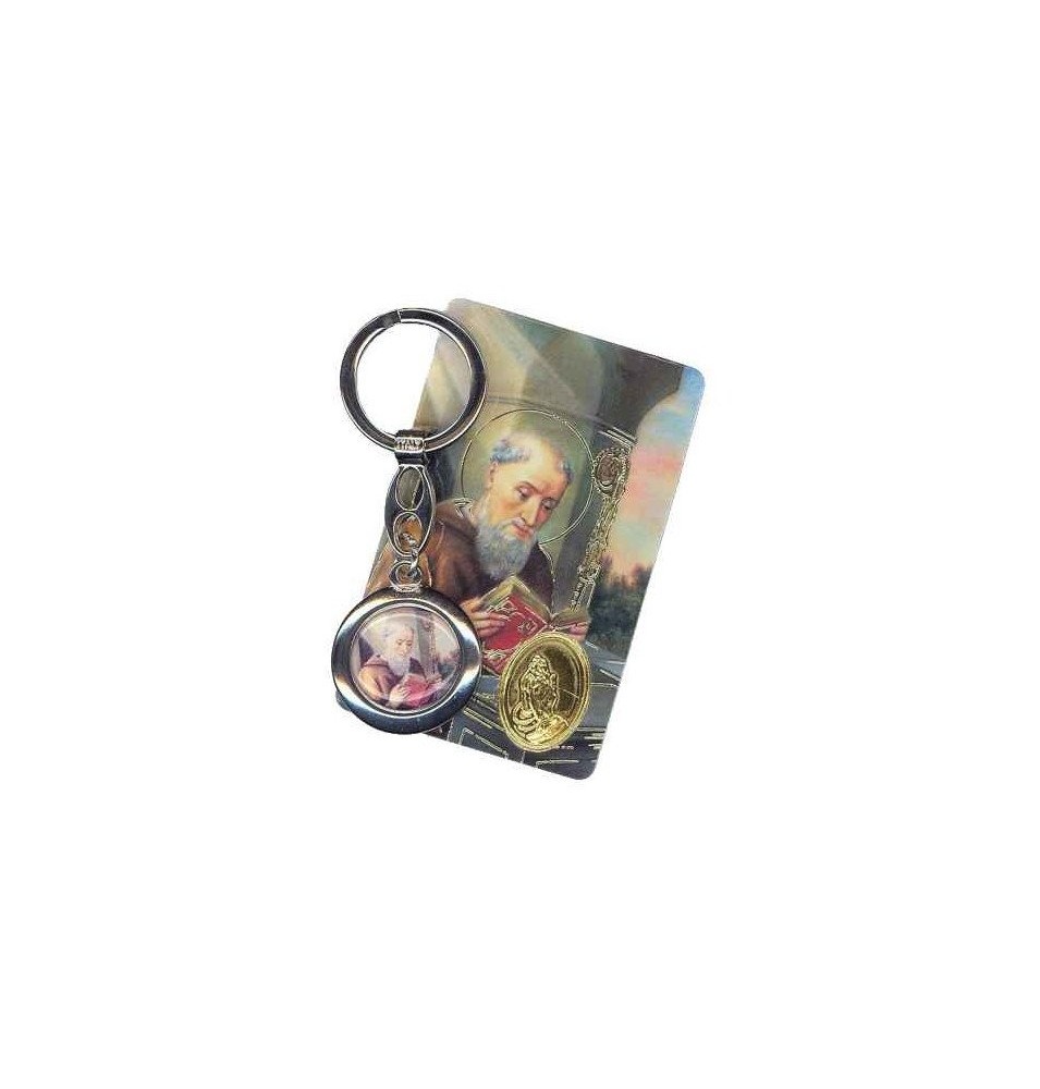 Carte plastifiée avec prière et poinçon Croix de Saint Benoit et un Porte Clé
