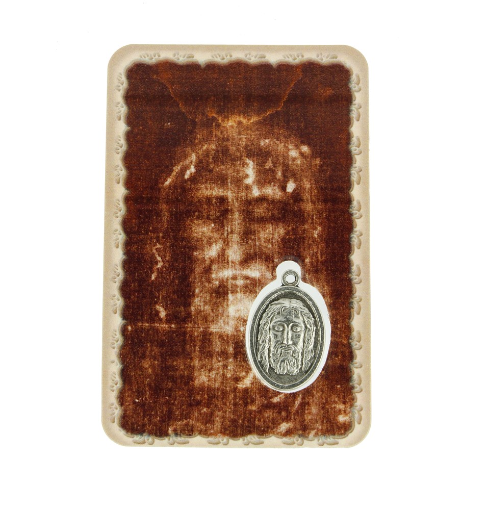 Carte plastifiée avec prière et médaille Saint Suaire