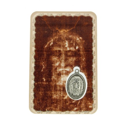 Carte plastifiée avec prière et médaille Saint Suaire