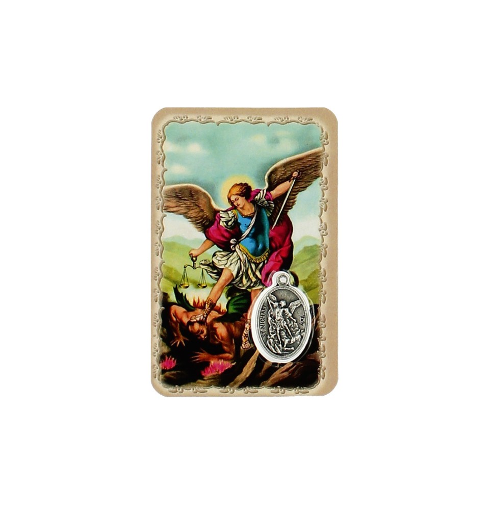 Carte plastifiée avec prière et médaille Saint Michel