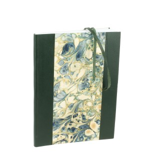 Carnet relié en cuir et Papier Marbré A5 - Dos Vert Sapin avec lanières