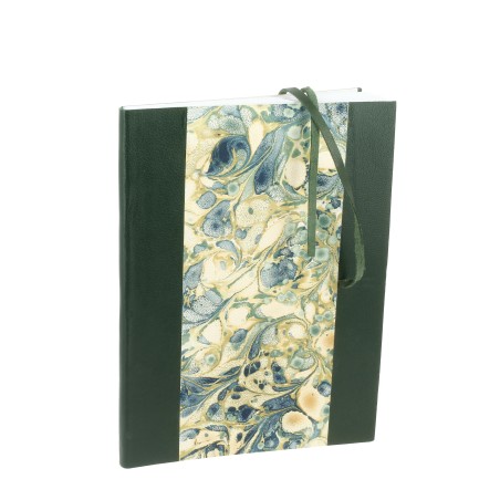 Carnet relié en cuir et Papier Marbré A5 - Dos Vert Sapin avec lanières