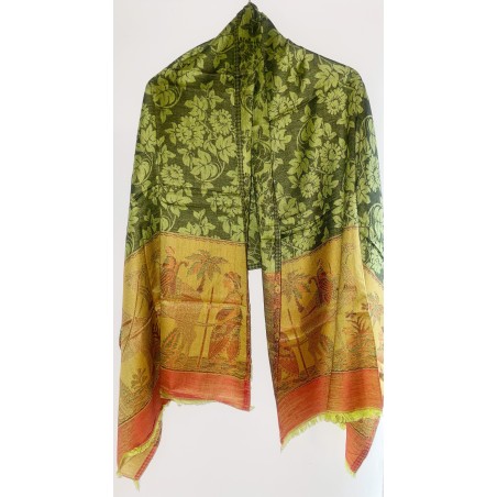 Châle Indien Pâle Saumon, Vert, Ciel