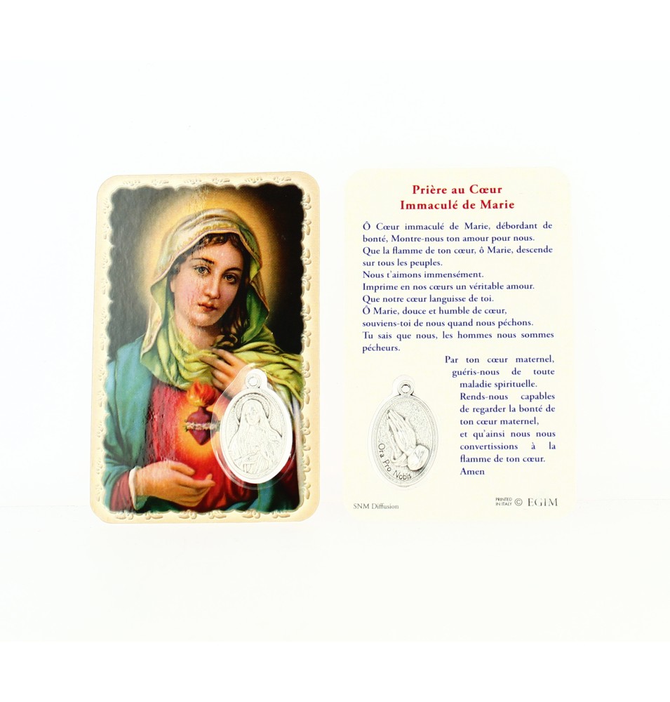 Carte plastifiée avec prière et médaille du Cœur Sacré de Marie