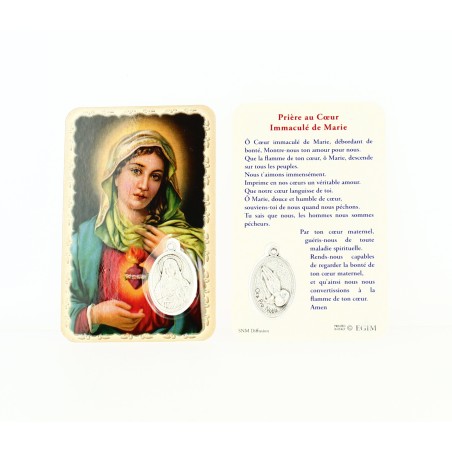 Carte plastifiée avec prière et médaille du Cœur Sacré de Marie
