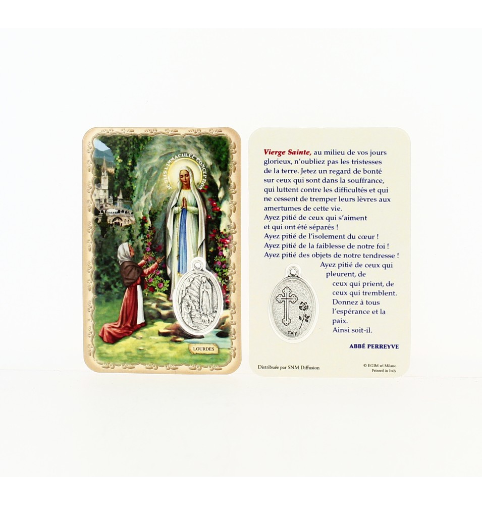 Carte plastifiée avec prière et médaille Notre Dame de Lourdes et Bernadette