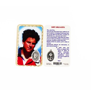 Carte plastifiée avec prière et médaille Carlo Acutis
