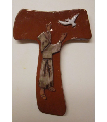 Croix Laudato Si, avec Saint François, en Terrre Cuite Émaillée - (SC-LSem)