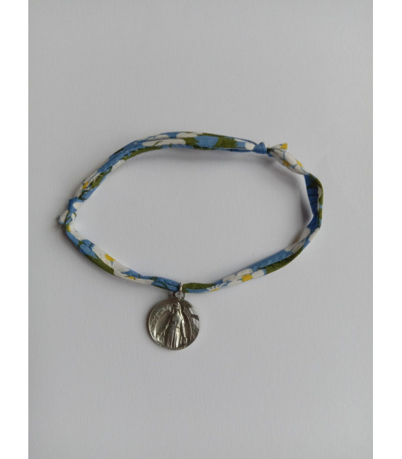 Bracelet liberty bleu à fleurs avec médaille ND de Pellevoisin - (JE-BRL05)