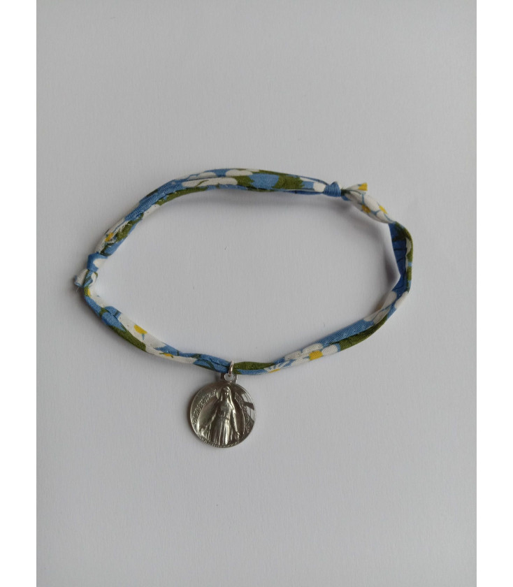Bracelet liberty bleu à fleurs avec médaille ND de Pellevoisin - (JE-BRL05)