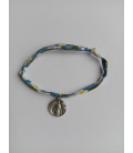 Bracelet liberty bleu à fleurs avec médaille ND de Pellevoisin - (JE-BRL05)