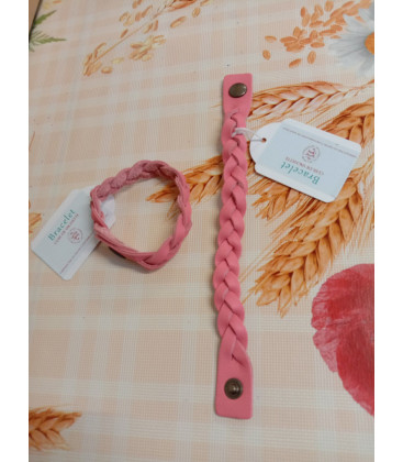 Bracelet tressé en cuir vachette rose corail - (JE-BRS04)