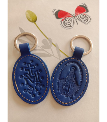 Porte clés en cuir bleu foncé motif médaille miraculeuse - (JE-PC06)