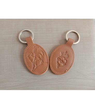 Porte-clés en cuir marron avec motif Agneau et Sacré-Coeur - (JE-PC03)