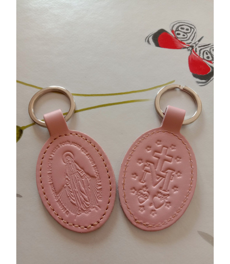 Porte-clés en cuir rose pâle avec motif médaille miraculeuse - (JE-PC13)