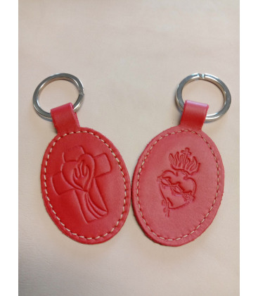 Porte-clés en cuir rouge avec motif Croix Esprit St et Sacré coeur - (JE-PC09)
