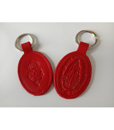 Porte-clés en cuir rouge avec motif ND de Pellevoisin et Sacré Coeur - (JE-PC04)