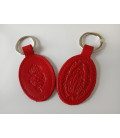 Porte-clés en cuir rouge avec motif ND de Pellevoisin et Sacré Coeur - (JE-PC04)
