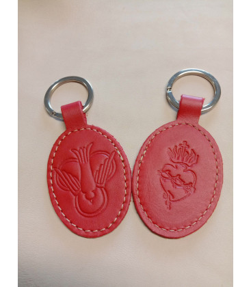 Porte-clés en cuir rouge avec motif colombe et Sacré coeur - (JE-PC11)