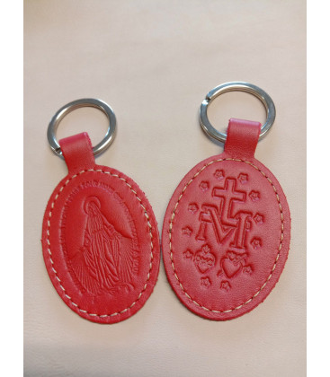 Porte-clés en cuir rouge avec motif médaille miraculeuse - (JE-PC07)
