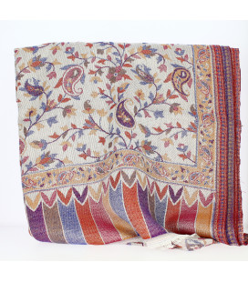 Châle Indien Motifs Feuilles Bleues et  Bandes