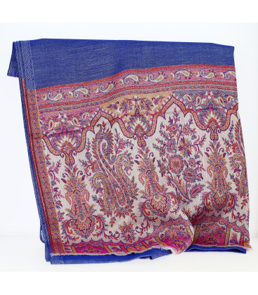 Châle Indien Pashmina Blanc et Vert, Bleu Chiné