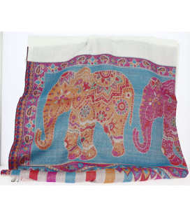 Châle Indien Eléphants - Rose et Bleu